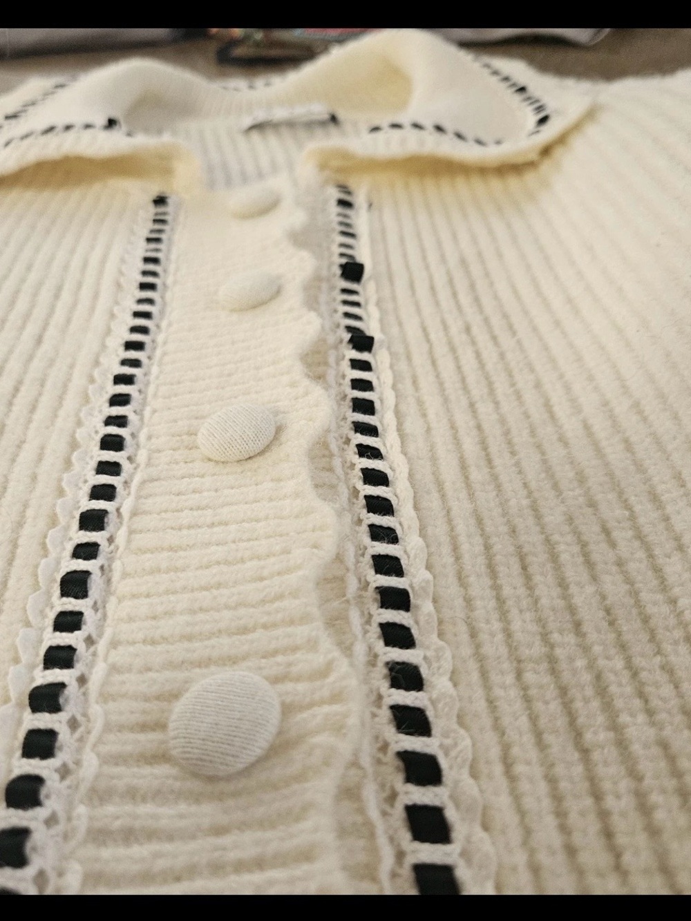 HYFVE Coquette Cream ribbed Cardigan Contrast Trim Peter Pan Collar Sweater M - Picture 13 of 16